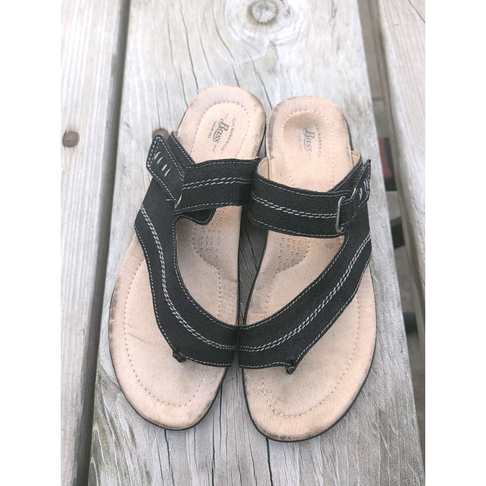 G.H. Bass & Co Demi Sandals Womens Size 9W Flat Slip On Black Leather Toe Ring